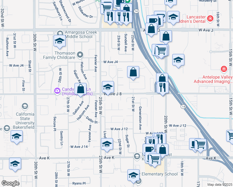 map of restaurants, bars, coffee shops, grocery stores, and more near 2317 West Avenue J-8 in Lancaster