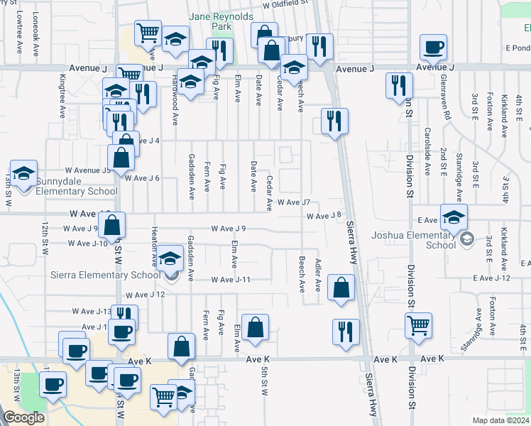 map of restaurants, bars, coffee shops, grocery stores, and more near 512 West Ave J-8 in Lancaster