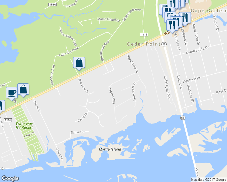 map of restaurants, bars, coffee shops, grocery stores, and more near 135 Magens Way in Swansboro