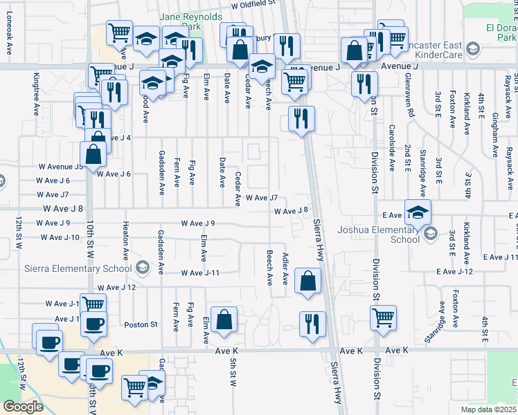 map of restaurants, bars, coffee shops, grocery stores, and more near 403 West Avenue J7 in Lancaster
