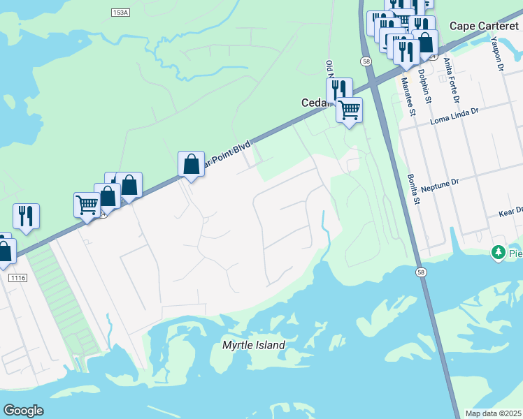 map of restaurants, bars, coffee shops, grocery stores, and more near 135 Magens Way in Cedar Point