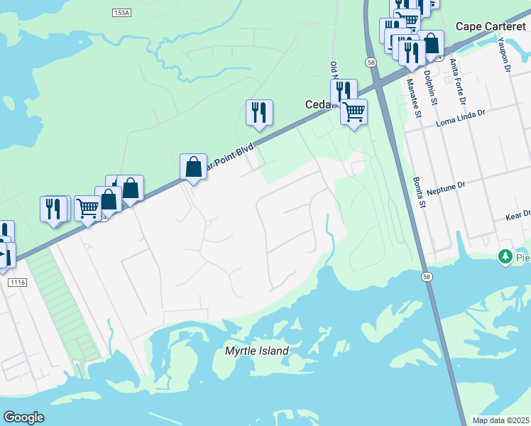 map of restaurants, bars, coffee shops, grocery stores, and more near 135 Magens Way in Cedar Point