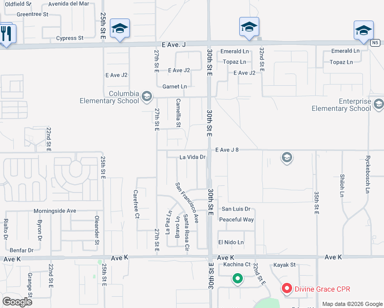 map of restaurants, bars, coffee shops, grocery stores, and more near 44010 Camellia Street in Lancaster
