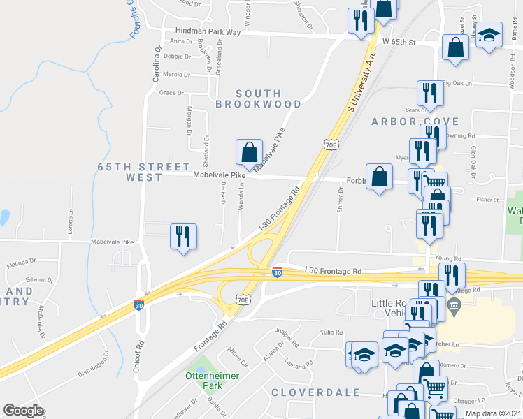 map of restaurants, bars, coffee shops, grocery stores, and more near 7500 South University Avenue in Little Rock