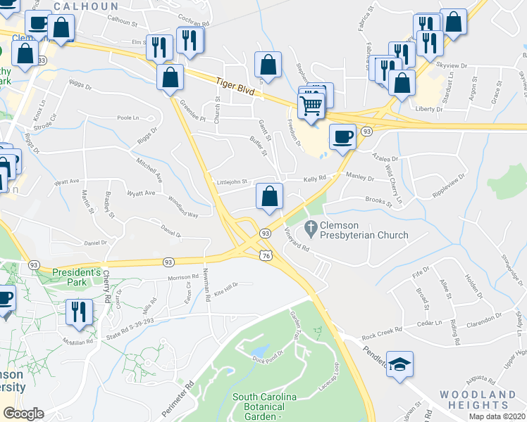 map of restaurants, bars, coffee shops, grocery stores, and more near 117 College Heights Boulevard in Clemson