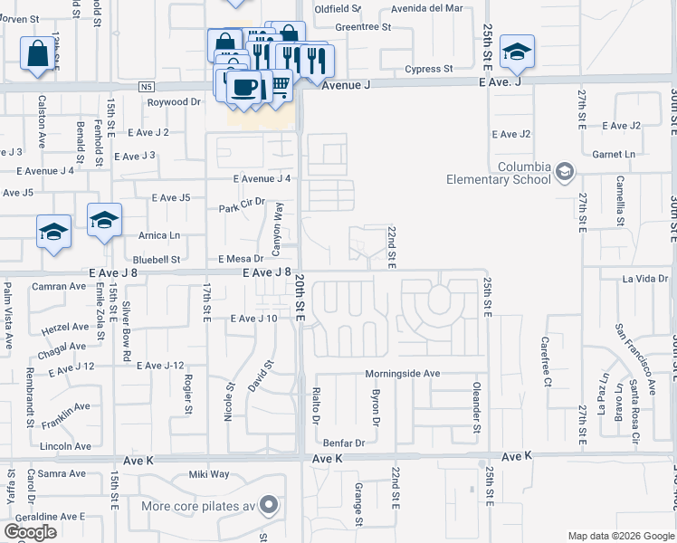 map of restaurants, bars, coffee shops, grocery stores, and more near 2111 East Avenue J 8 in Lancaster