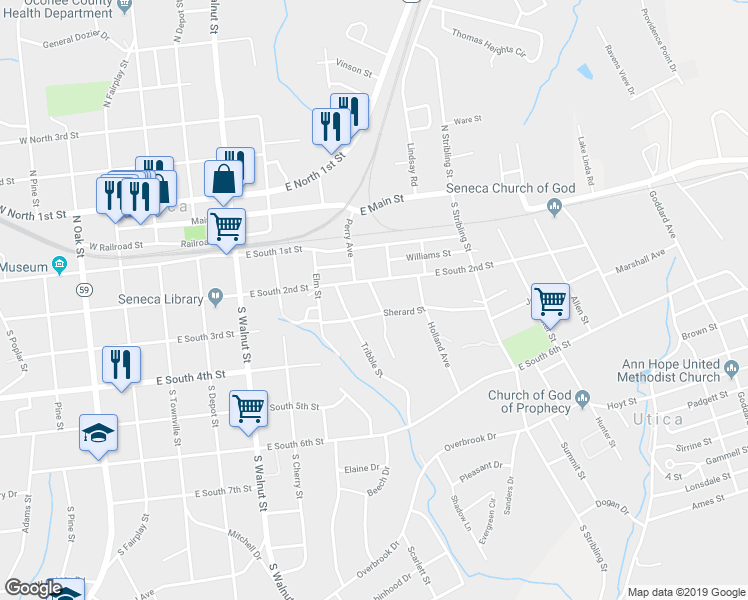 map of restaurants, bars, coffee shops, grocery stores, and more near 204 Sloan Street in Seneca