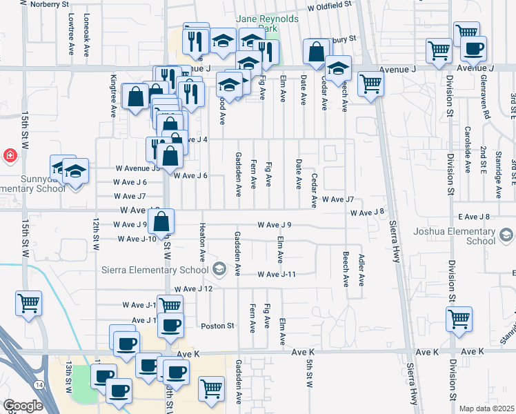 map of restaurants, bars, coffee shops, grocery stores, and more near 44024 Gadsden Avenue in Lancaster