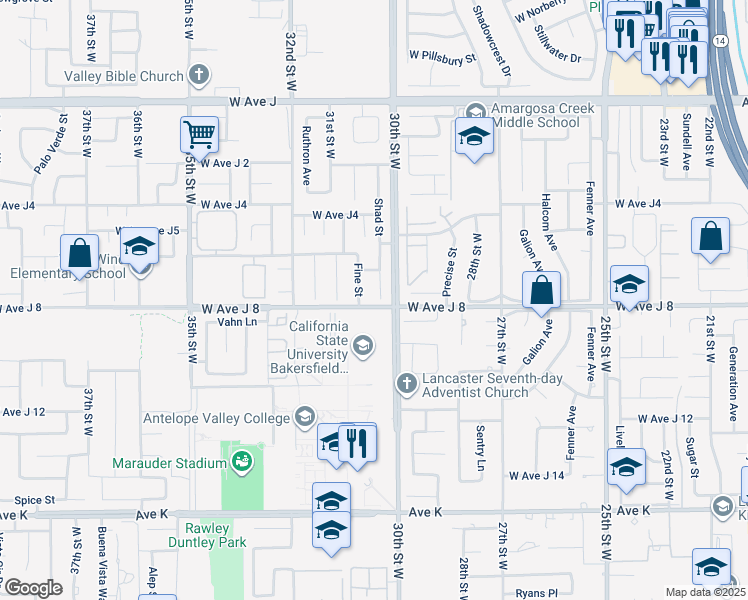 map of restaurants, bars, coffee shops, grocery stores, and more near 44003 Shad Street in Lancaster