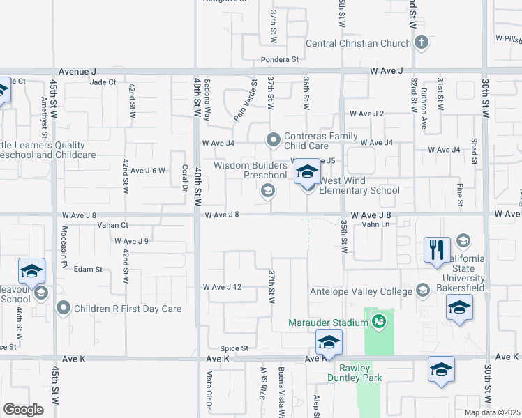 map of restaurants, bars, coffee shops, grocery stores, and more near 3716 Avenue J7 in Lancaster