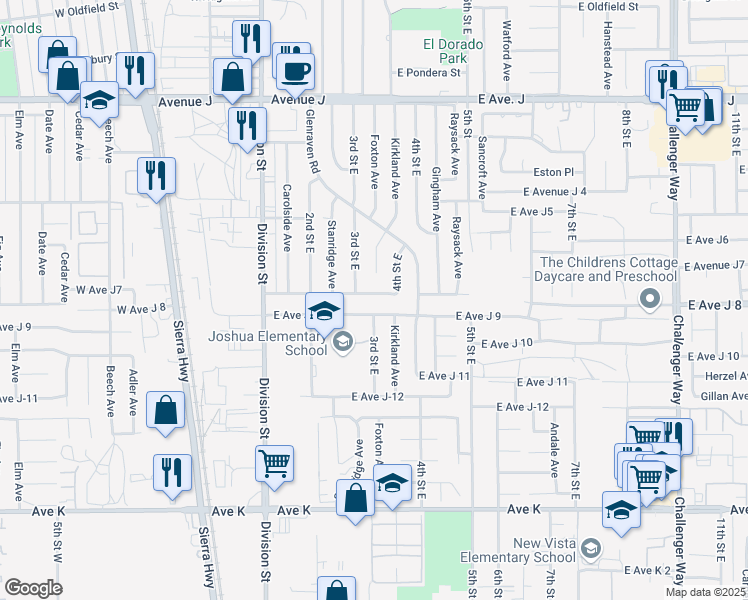 map of restaurants, bars, coffee shops, grocery stores, and more near 320 East Avenue J7 in Lancaster