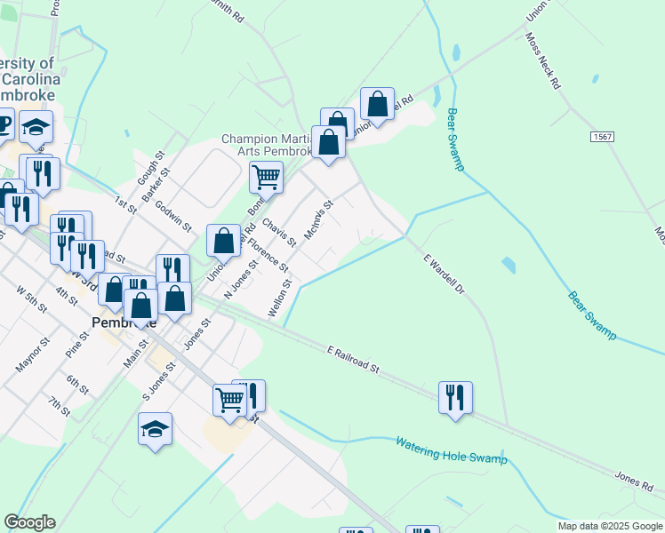 map of restaurants, bars, coffee shops, grocery stores, and more near 506 Russell Street in Pembroke