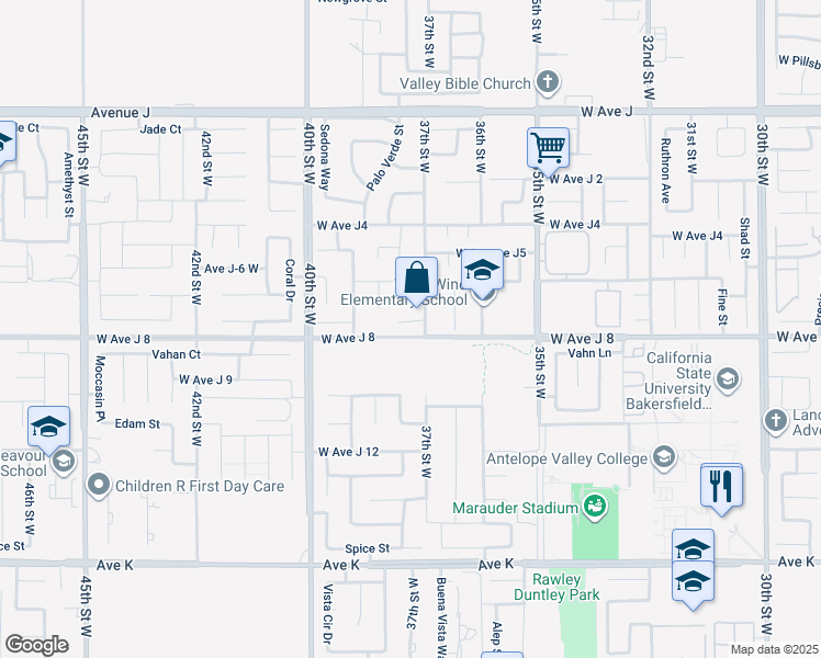 map of restaurants, bars, coffee shops, grocery stores, and more near 3716 Avenue J7 in Lancaster