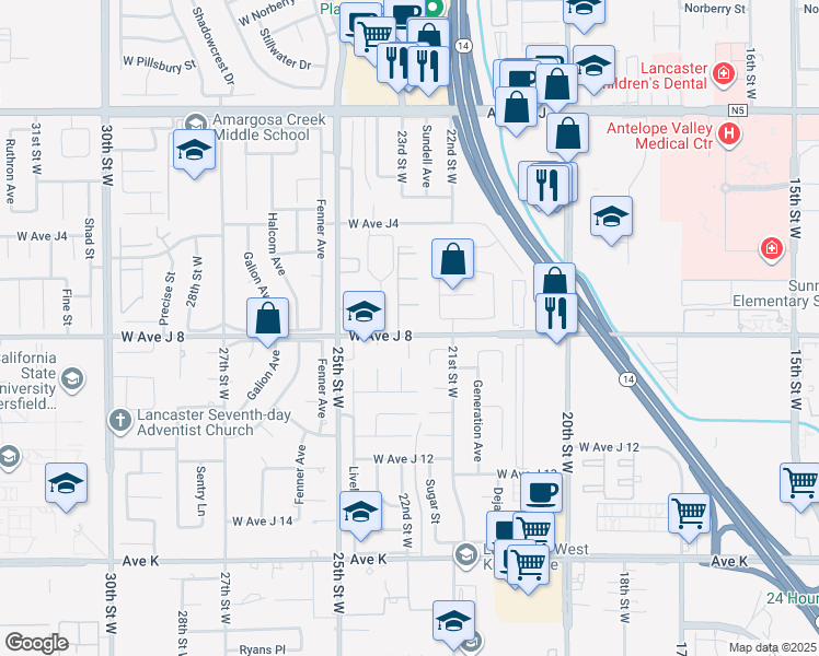 map of restaurants, bars, coffee shops, grocery stores, and more near 44020 Engle Way in Lancaster