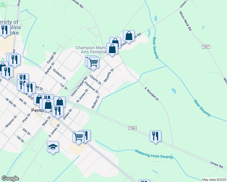 map of restaurants, bars, coffee shops, grocery stores, and more near 506 Russell Street in Pembroke