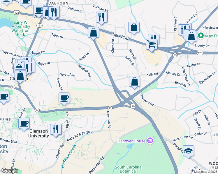 map of restaurants, bars, coffee shops, grocery stores, and more near 318 Woodland Way in Clemson