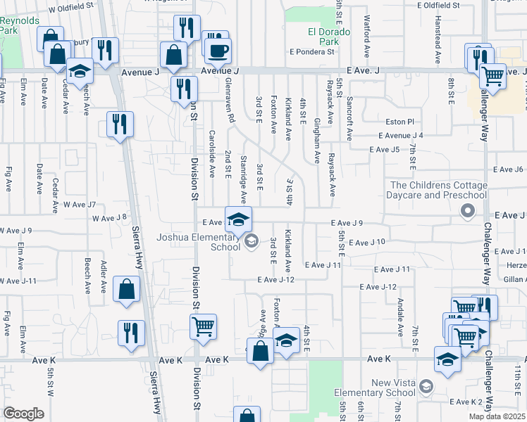 map of restaurants, bars, coffee shops, grocery stores, and more near 302 East Avenue J7 in Lancaster