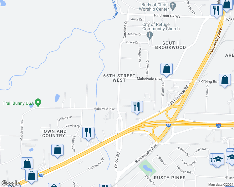 map of restaurants, bars, coffee shops, grocery stores, and more near 7520 North Chicot Road in Little Rock