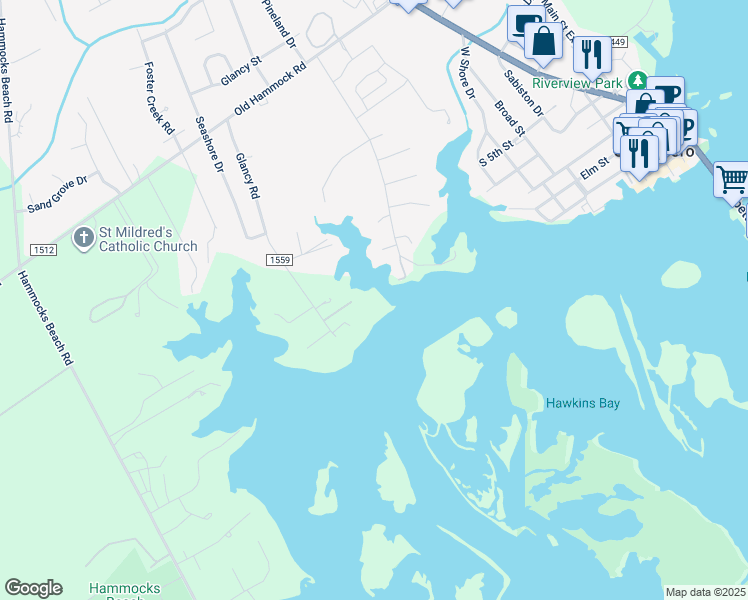 map of restaurants, bars, coffee shops, grocery stores, and more near 622 Barbour Point Road in Swansboro