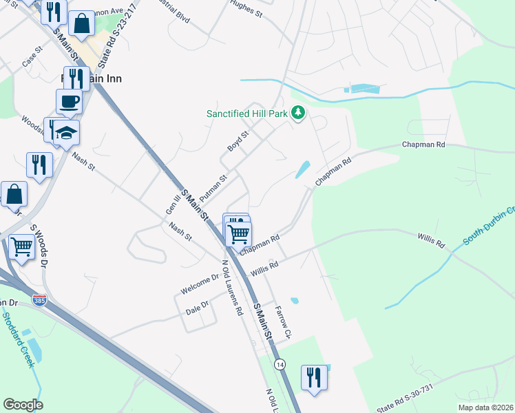 map of restaurants, bars, coffee shops, grocery stores, and more near 103 Lakeview Drive in Fountain Inn