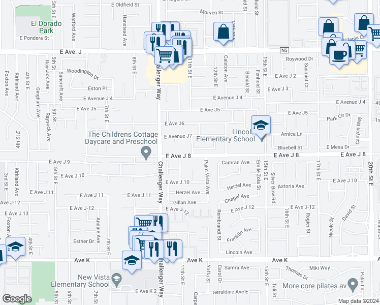 map of restaurants, bars, coffee shops, grocery stores, and more near 44003 11th Street East in Lancaster