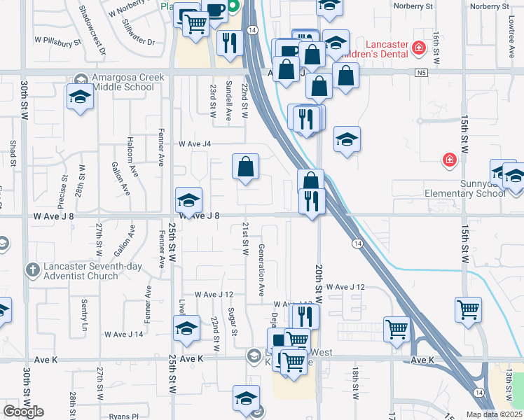map of restaurants, bars, coffee shops, grocery stores, and more near 2040 West Avenue J7 in Lancaster