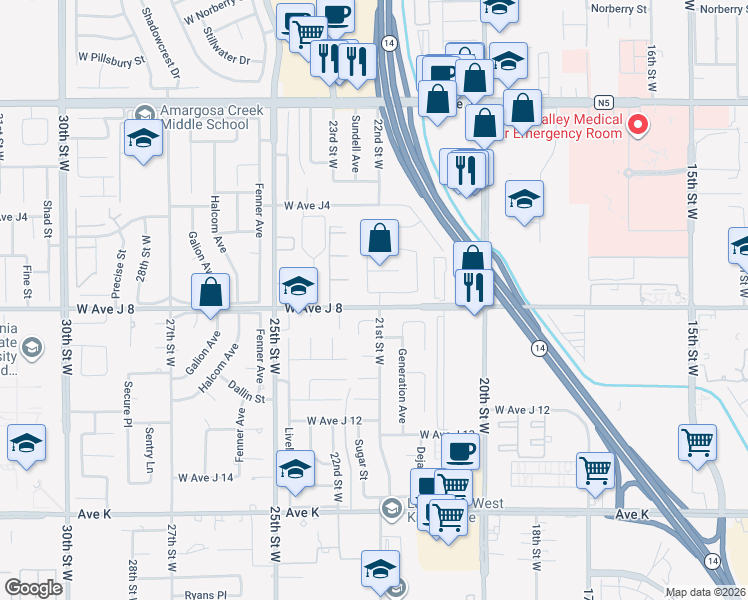 map of restaurants, bars, coffee shops, grocery stores, and more near 2104 West Avenue J7 in Lancaster