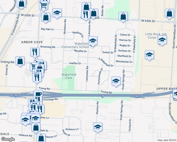 map of restaurants, bars, coffee shops, grocery stores, and more near 7 London Circle in Little Rock