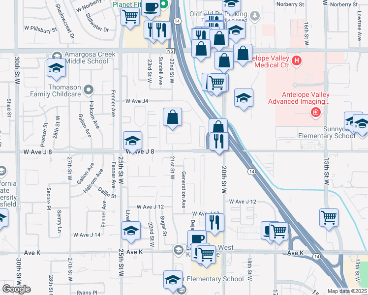 map of restaurants, bars, coffee shops, grocery stores, and more near 2040 West Avenue J7 in Lancaster