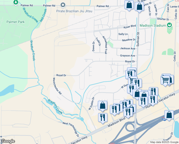 map of restaurants, bars, coffee shops, grocery stores, and more near 135 Royal Drive in Madison