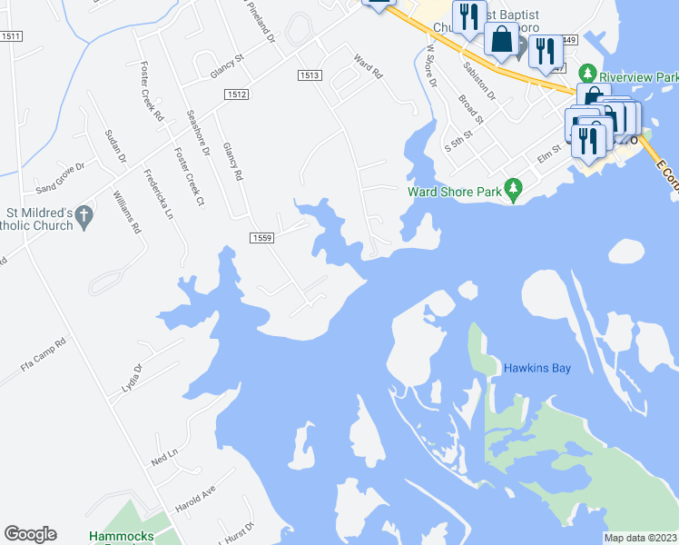map of restaurants, bars, coffee shops, grocery stores, and more near 622 Barbour Point Road in Swansboro
