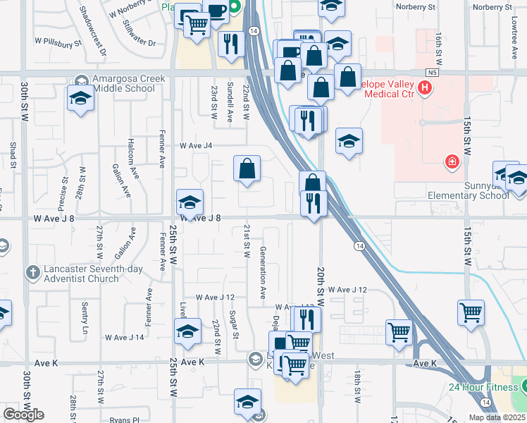 map of restaurants, bars, coffee shops, grocery stores, and more near 2040 West Avenue J7 in Lancaster