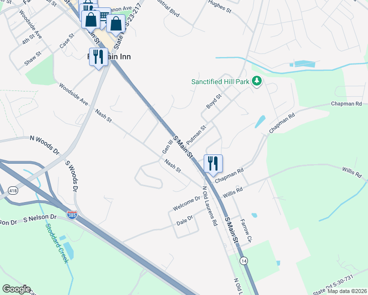 map of restaurants, bars, coffee shops, grocery stores, and more near 699 South Main Street in Fountain Inn