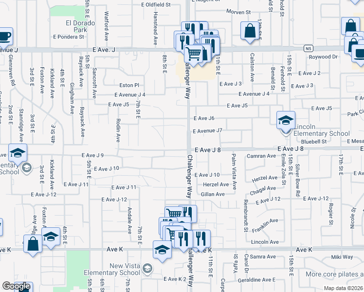 map of restaurants, bars, coffee shops, grocery stores, and more near Challenger Way in Lancaster