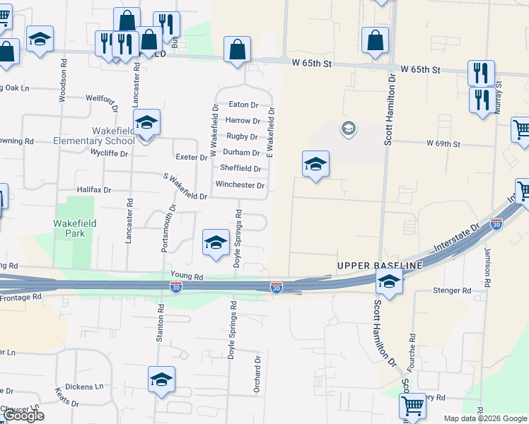 map of restaurants, bars, coffee shops, grocery stores, and more near 3 South Wakefield Drive in Little Rock