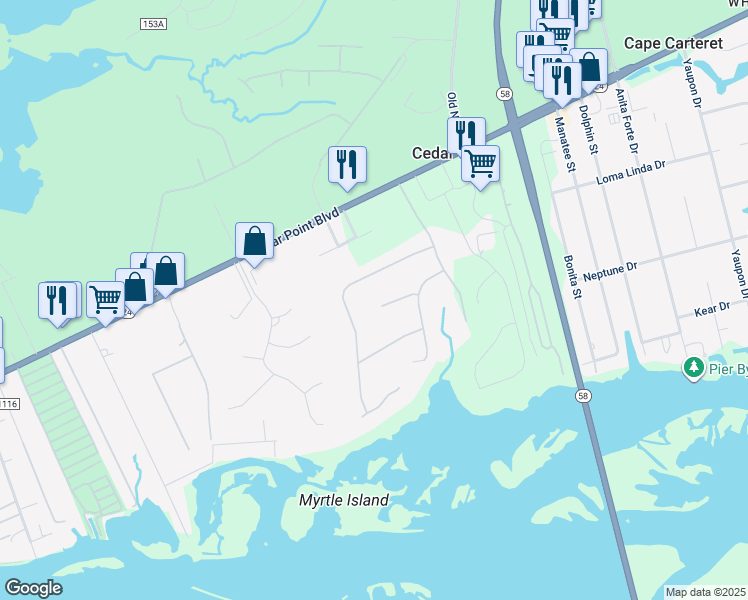 map of restaurants, bars, coffee shops, grocery stores, and more near 108 Deerfield Court in Swansboro