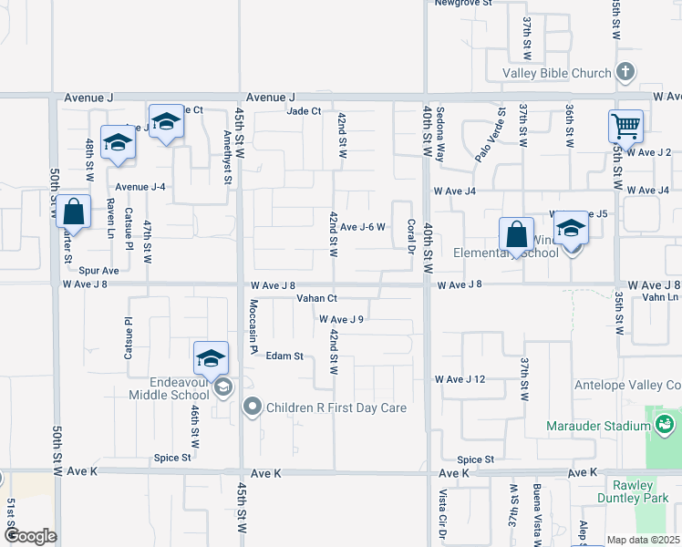 map of restaurants, bars, coffee shops, grocery stores, and more near 44014 42nd Street West in Lancaster