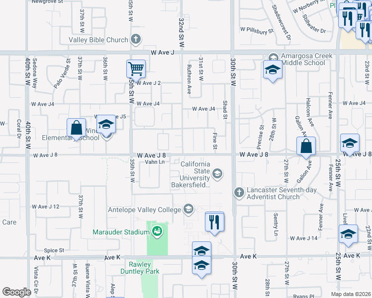 map of restaurants, bars, coffee shops, grocery stores, and more near 44026 32nd Street West in Lancaster