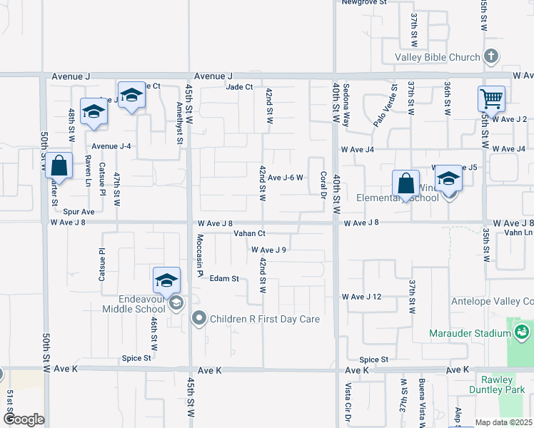 map of restaurants, bars, coffee shops, grocery stores, and more near 44014 42nd Street West in Lancaster