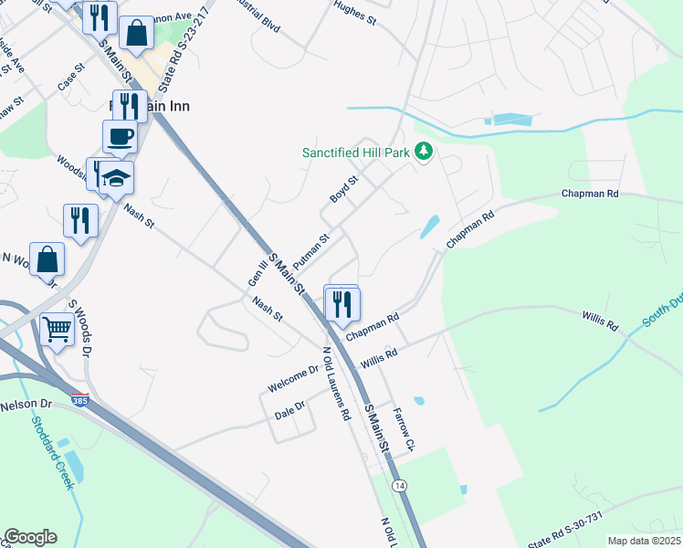 map of restaurants, bars, coffee shops, grocery stores, and more near 106 Thrift Drive in Fountain Inn