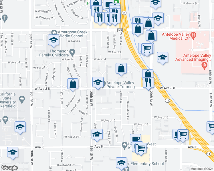 map of restaurants, bars, coffee shops, grocery stores, and more near 2339 West Avenue J8 in Lancaster