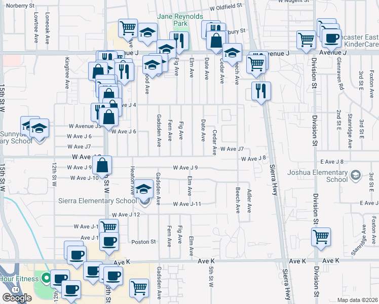 map of restaurants, bars, coffee shops, grocery stores, and more near 44026 Fig Avenue in Lancaster