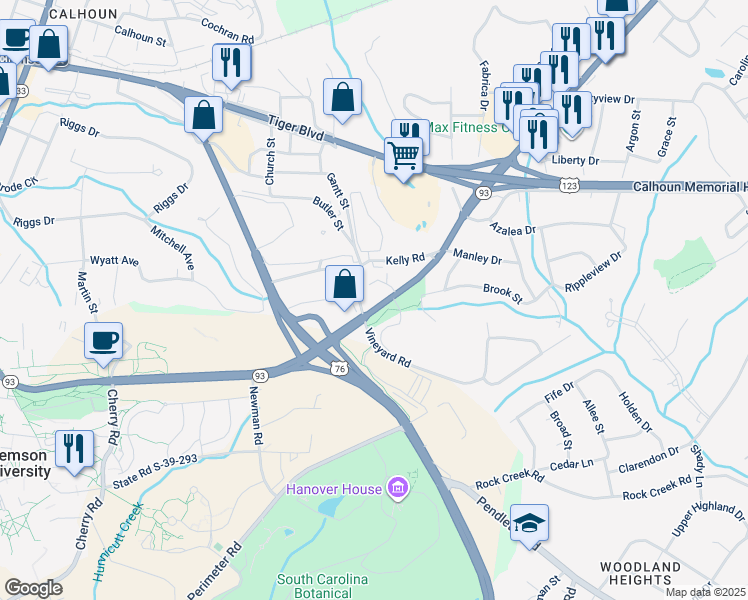 map of restaurants, bars, coffee shops, grocery stores, and more near 333 Old Greenville Highway in Clemson