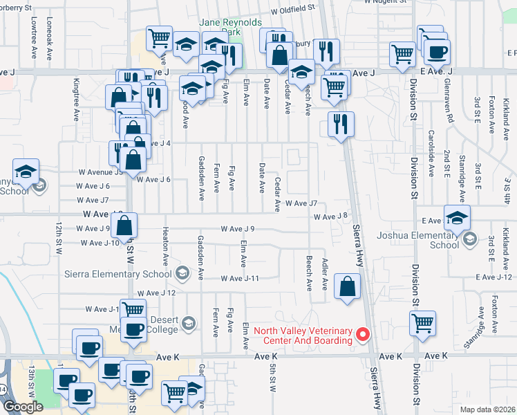 map of restaurants, bars, coffee shops, grocery stores, and more near 44025 Date Avenue in Lancaster