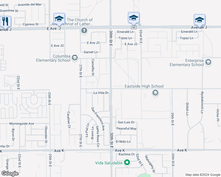 map of restaurants, bars, coffee shops, grocery stores, and more near East Avenue J 8 in Lancaster