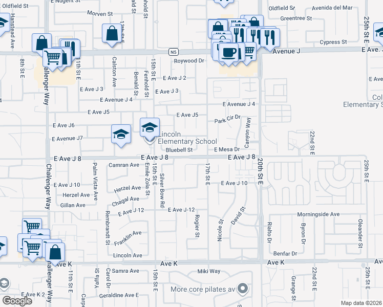 map of restaurants, bars, coffee shops, grocery stores, and more near 1628 Bluebell Street in Lancaster