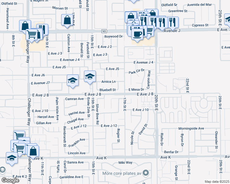 map of restaurants, bars, coffee shops, grocery stores, and more near 1628 Bluebell Street in Lancaster