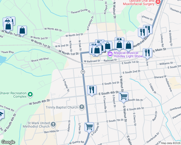 map of restaurants, bars, coffee shops, grocery stores, and more near 104 South Fairplay Street in Seneca