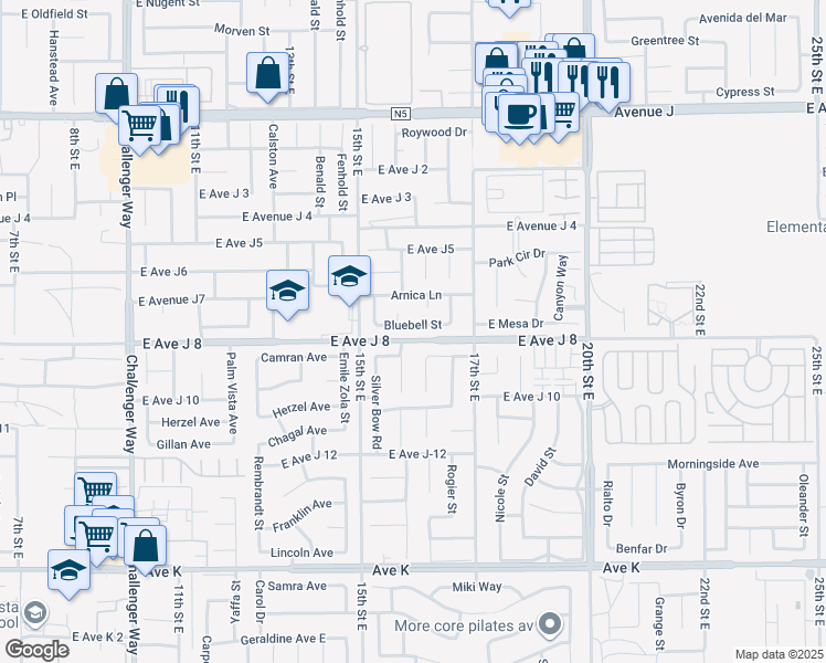 map of restaurants, bars, coffee shops, grocery stores, and more near 1600 Bluebell Street in Lancaster