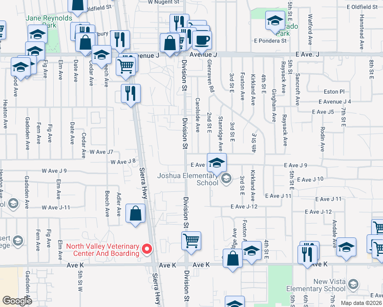 map of restaurants, bars, coffee shops, grocery stores, and more near 143 East Avenue J7 in Lancaster